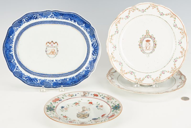 Lot 341: Chinese Export Armorial Platter and 3 Plates, Total 4 Items
