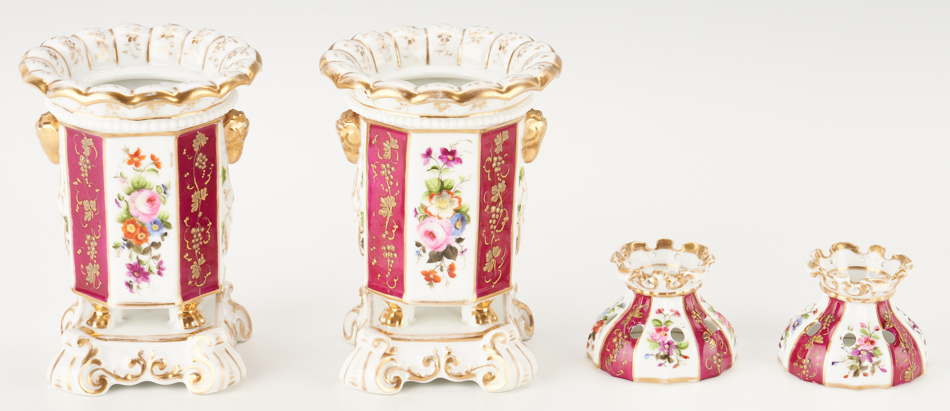Lot 349: Pr. Meissen Porcelain Figural Candlesticks & Pr. Old Paris Potpourri Vase