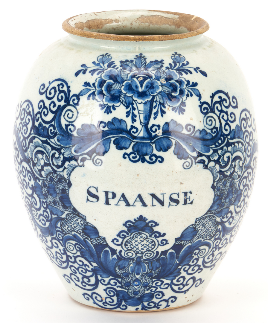 Lot 362: Large Delft "SPAANSE" Apothecary or Tobacco Jar, 18th century