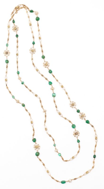 Lot 384: Ladies 19th Century 14K Emerald & Pearl Necklace
