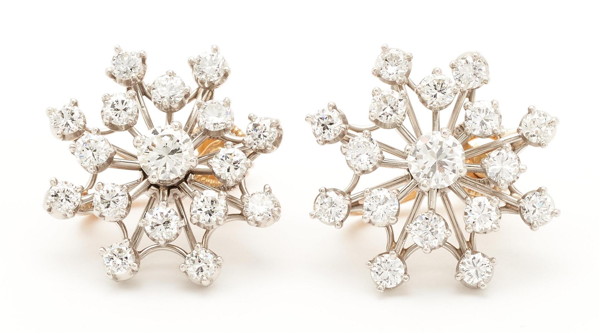 Lot 385: Pair of Ladies 18K Diamond Snowflake Earrings, 3.54 Carats Total
