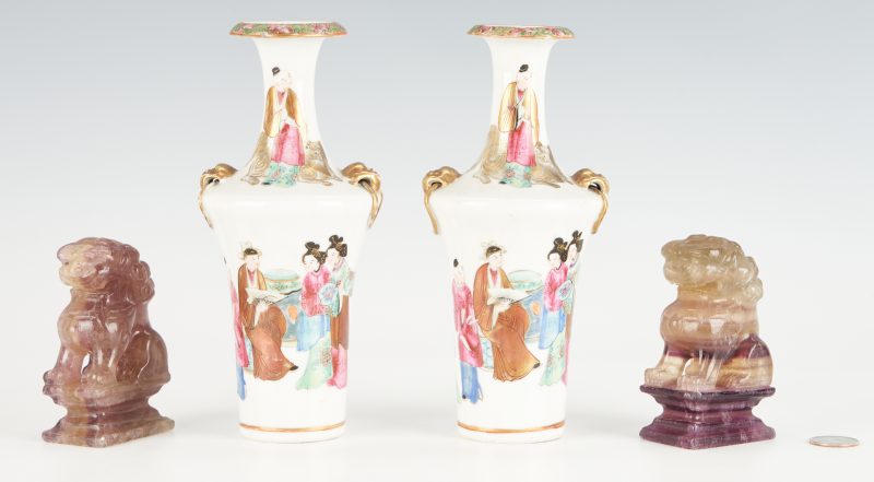 Lot 39: Pr. Chinese Rose Mandarin Vases & Pr. Amethyst Foo Dogs, 4 items