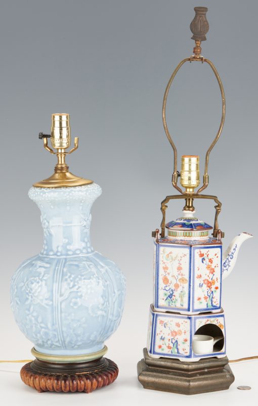 Lot 40: 2 Asian Porcelain Lamps, Clair de Lune and Tea Kettle