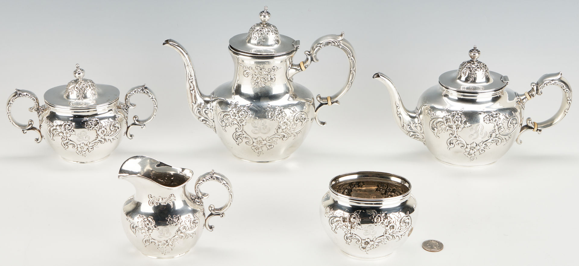 Lot 435: Whiting Sterling Repousse Tea Set, 5 pieces