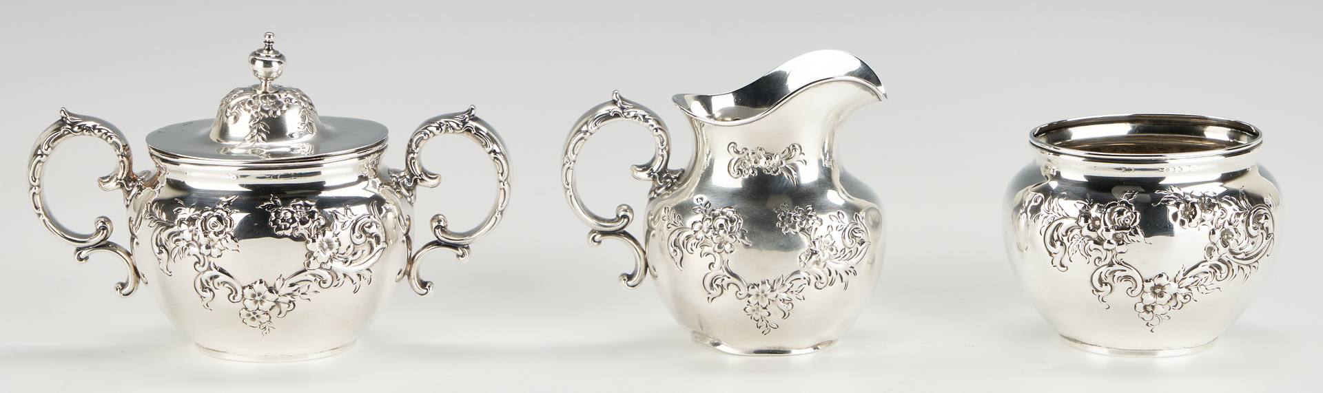 Lot 435: Whiting Sterling Repousse Tea Set, 5 pieces