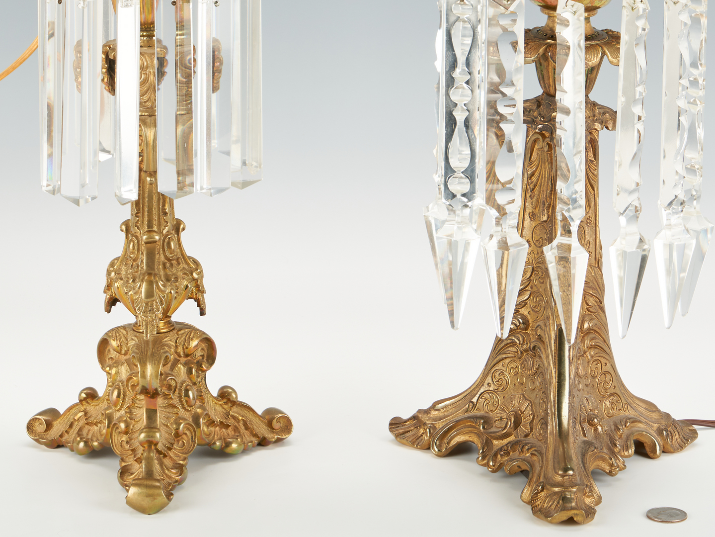 Lot 448: Two Gilt Brass Astral Lamps w/ Shades & Prisms