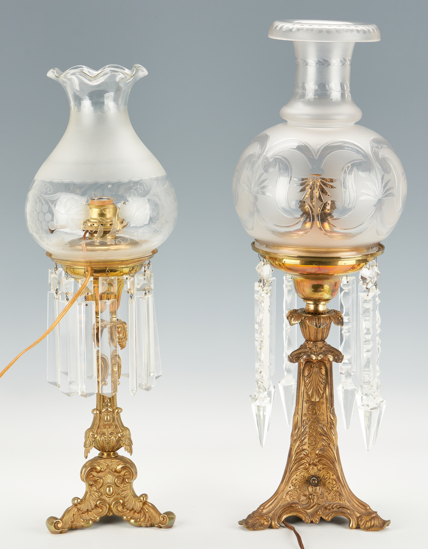 Lot 448: Two Gilt Brass Astral Lamps w/ Shades & Prisms