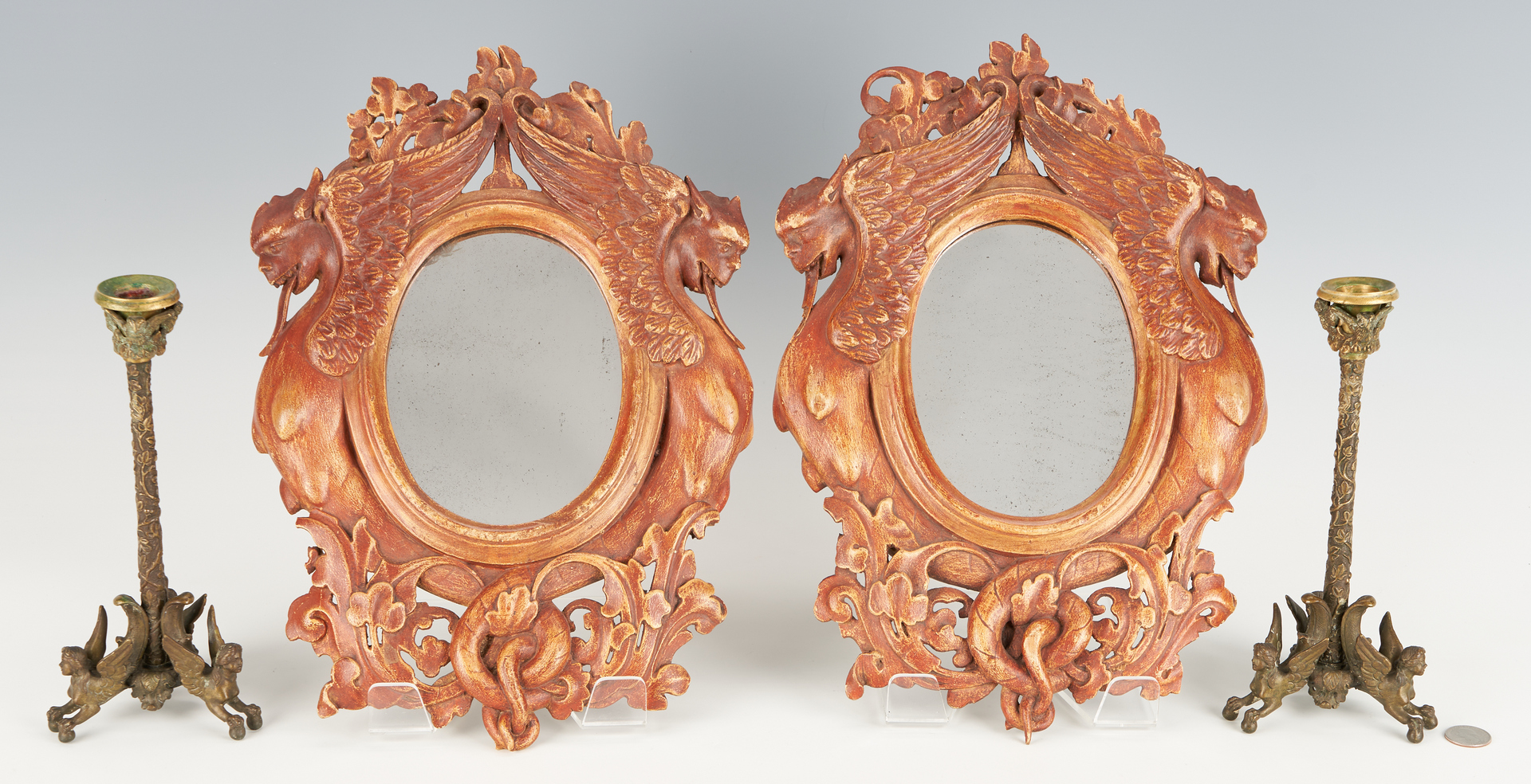Lot 450: Pair Bronze Griffin Candlesticks & Carved Griffin Mirrors