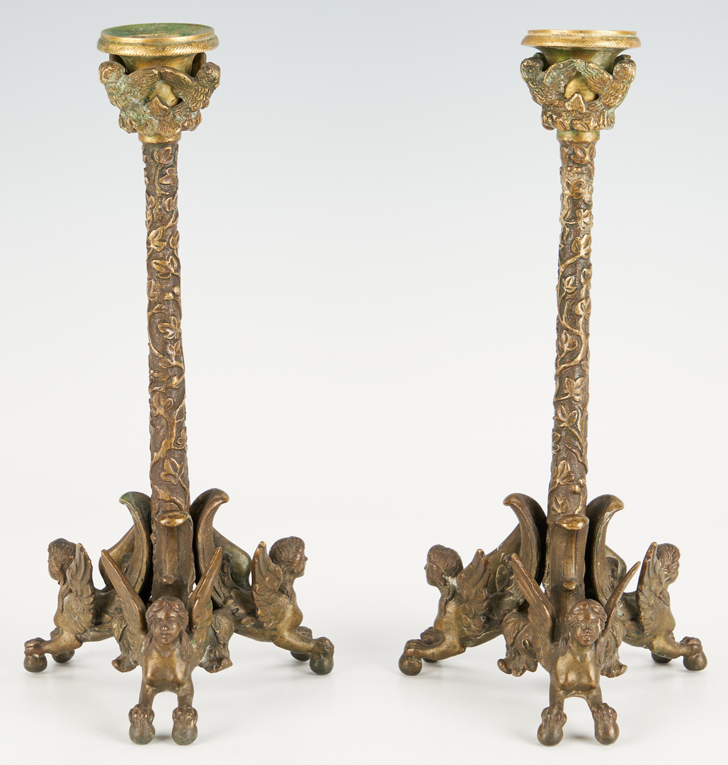 Lot 450: Pair Bronze Griffin Candlesticks & Carved Griffin Mirrors