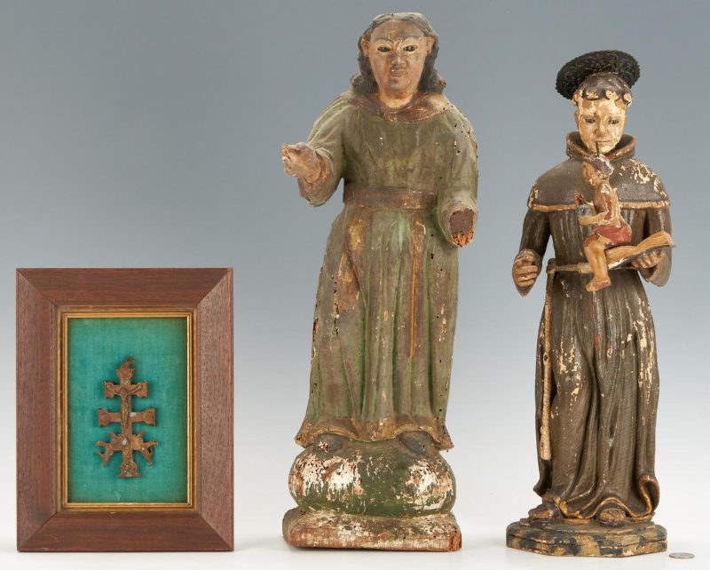 Lot 453: 2 Large Santo Figures & Early French Reliquary Cross, 3 Items
