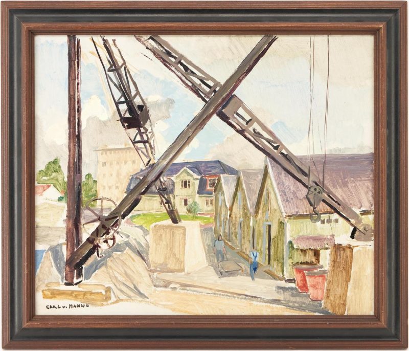 Lot 463: Carl Von Hanno O/B Painting, Workers at a Construction Site