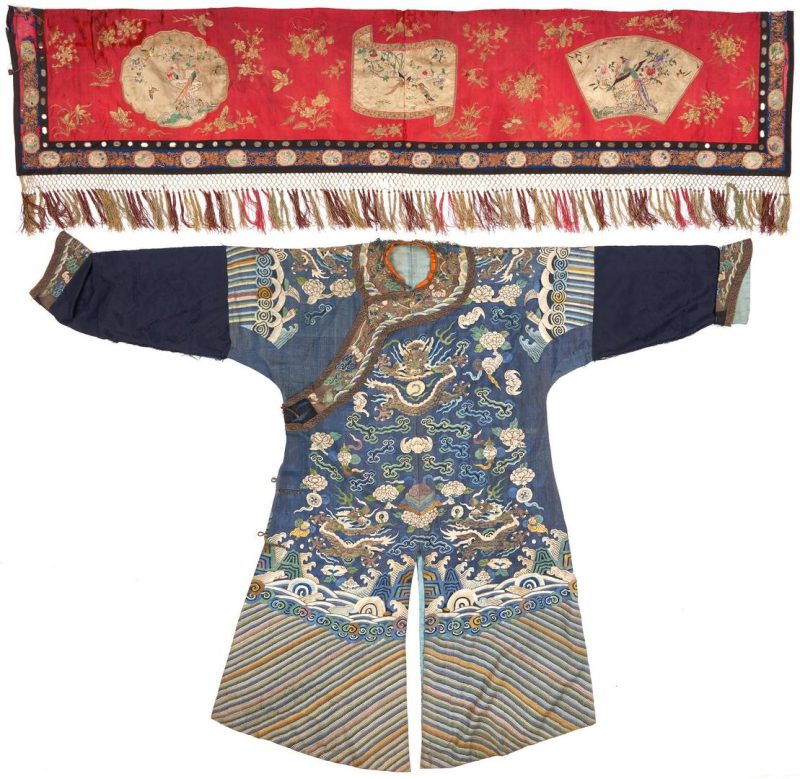 Lot 47: Chinese Embroidered Red Silk Kesi or Shawl & Blue Asian Court Robe