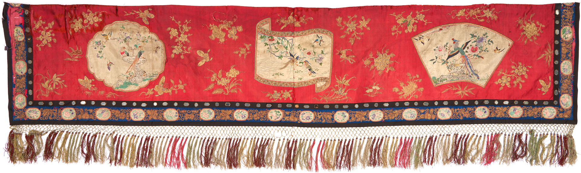 Lot 47: Chinese Embroidered Red Silk Kesi or Shawl & Blue Asian Court Robe