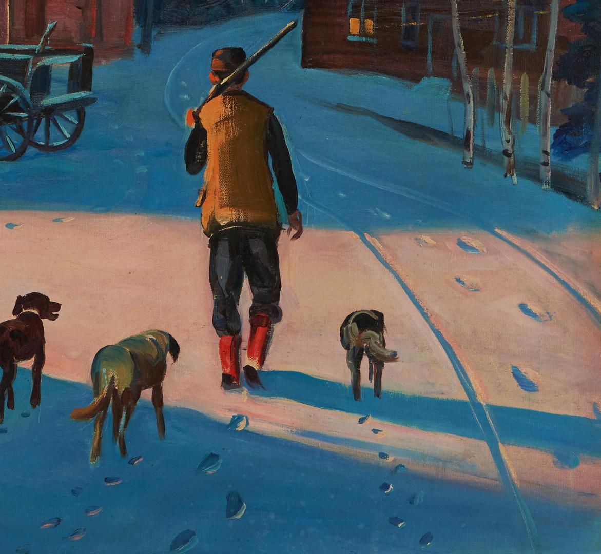 Lot 481: Harold Betts O/C Winter Scene, Hunter and Dogs Illustration