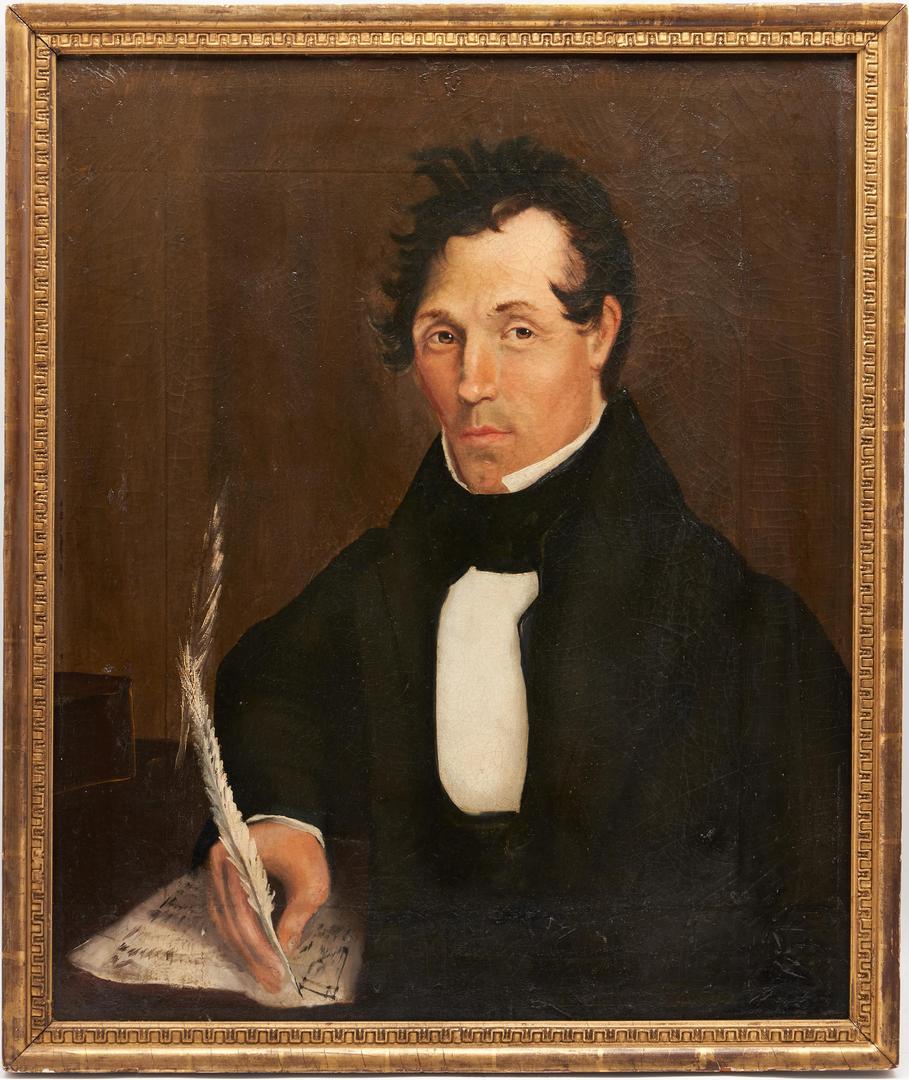 Lot 485: American School 19th c. Portrait, Man with Quill Pen