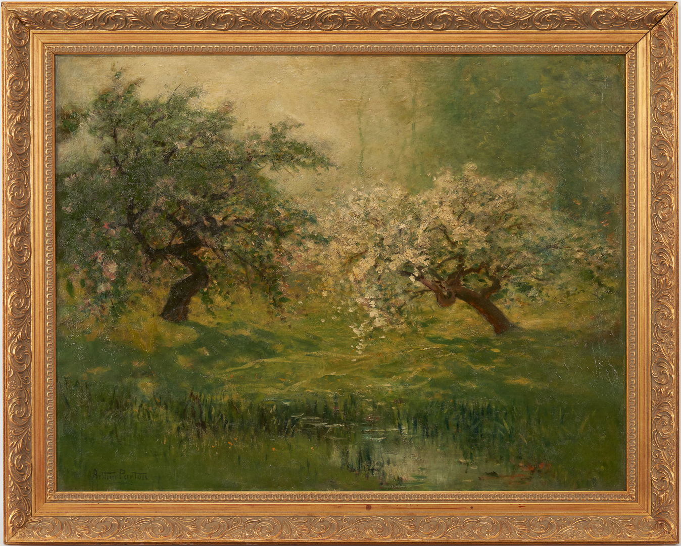 Lot 489: Arthur Parton O/C Landscape Painting, Cherry Trees in Spring