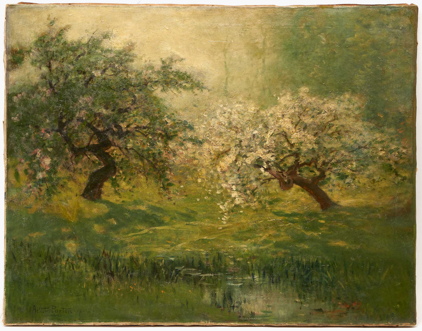 Lot 489: Arthur Parton O/C Landscape Painting, Cherry Trees in Spring