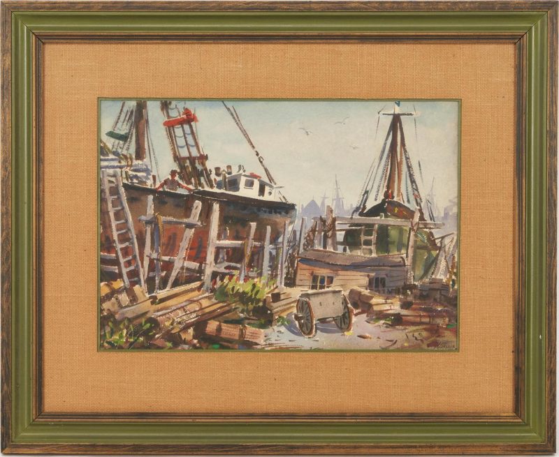 Lot 497: Henry Gasser W/C Maritime Painting of a Shipyard