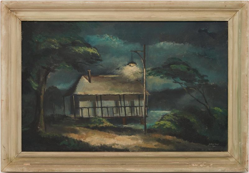 Lot 503: George Cress O/C Painting, Stilt House at Night