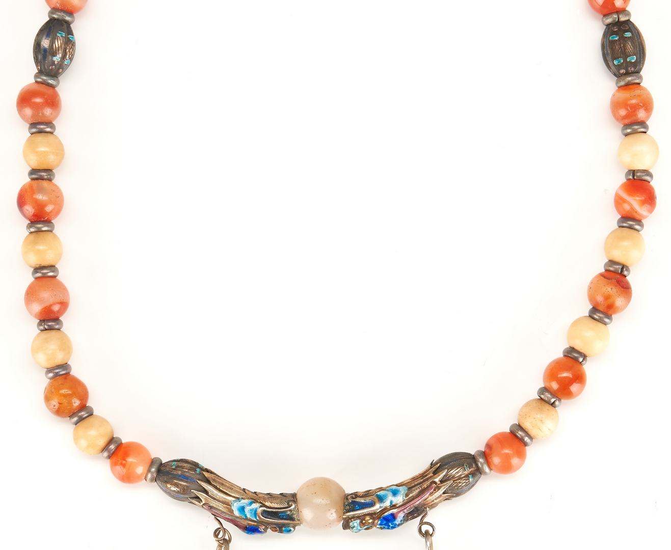 Lot 53: Chinese Silver Pendant & Necklace, Carnelian & Cloisonne Beads