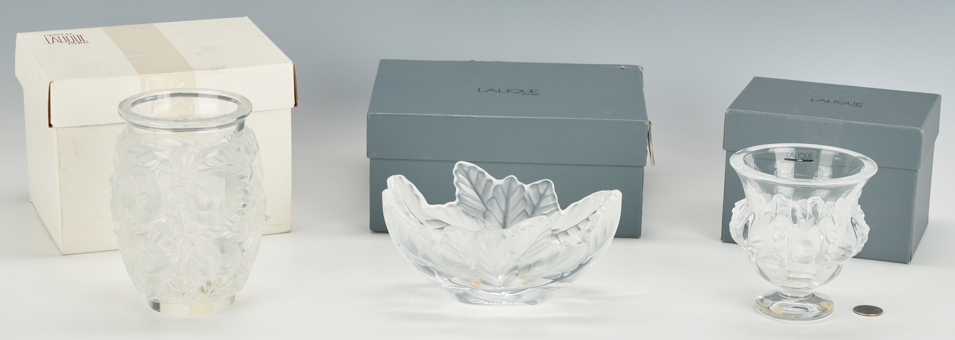 Lot 546: 2 Lalique Vases and 1 Lalique Bowl, original boxes (3 items)