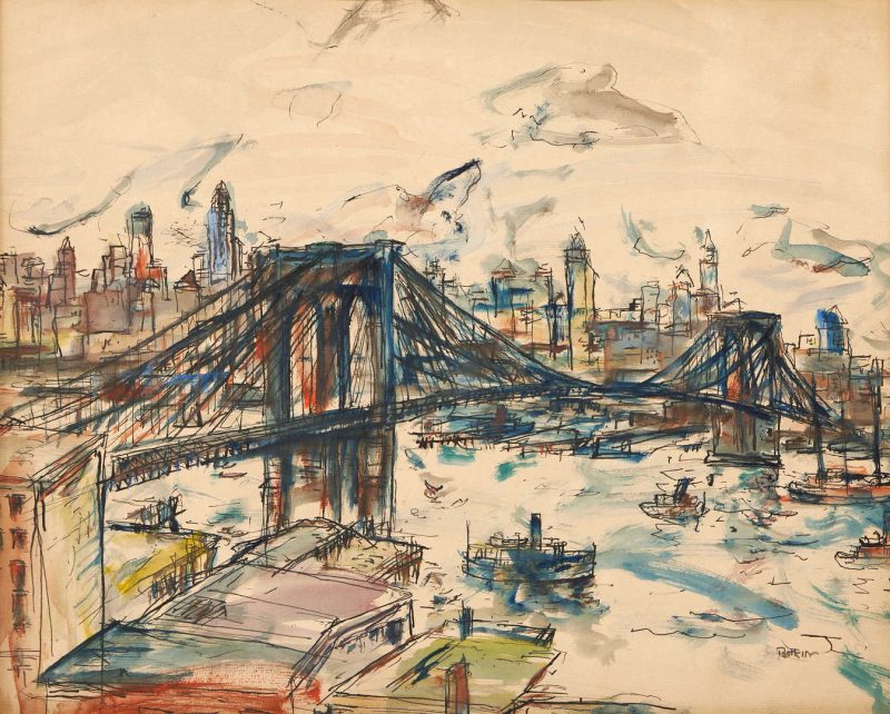 Lot 568: Henry Botkin W/C Painting, View of Manhattan from Brooklyn