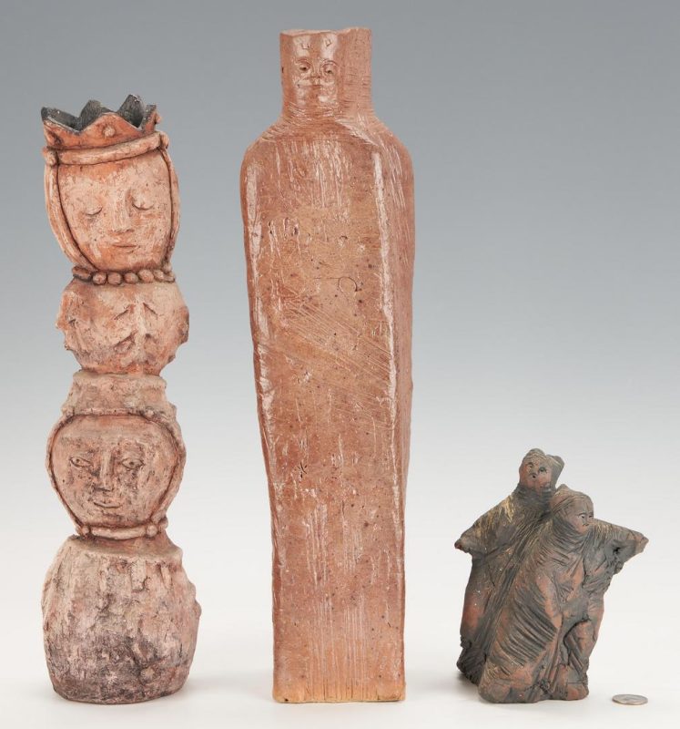 Lot 591: Olen Bryant, 2 Ceramic Face Vases and 1 Small Sculpture