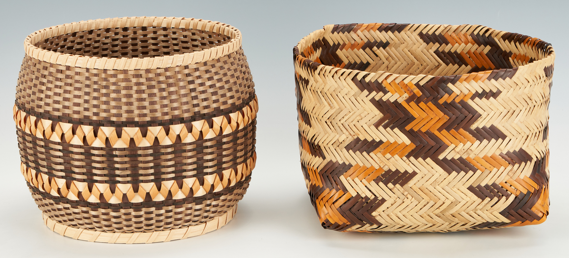 Lot 608: Two (2) Cherokee Baskets, incl. Double Weave Rivercane & White Oak