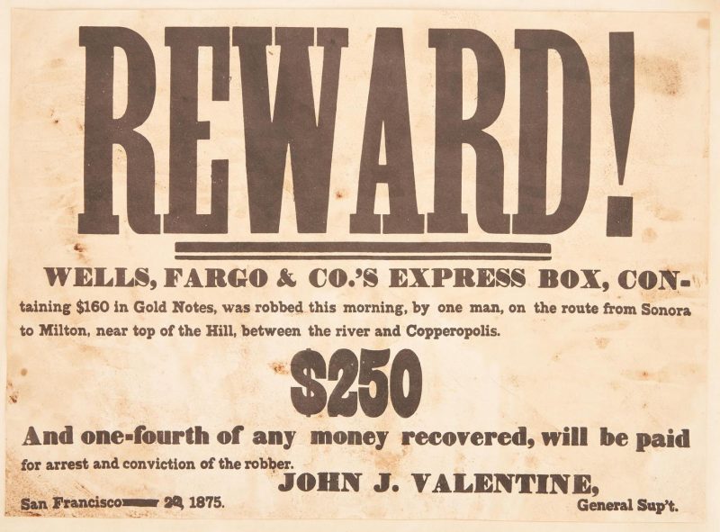 Lot 637: Wells Fargo & Co. $250 Reward Broadside, 1875