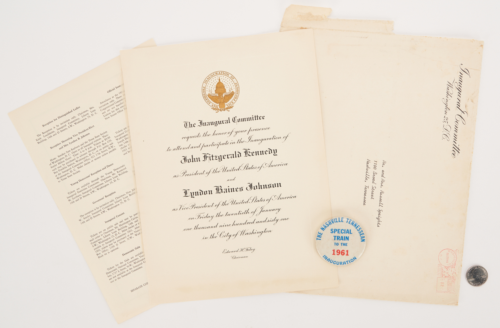 Lot 639: JFK Inaugural Invitation, Calendar and Rare Political Button