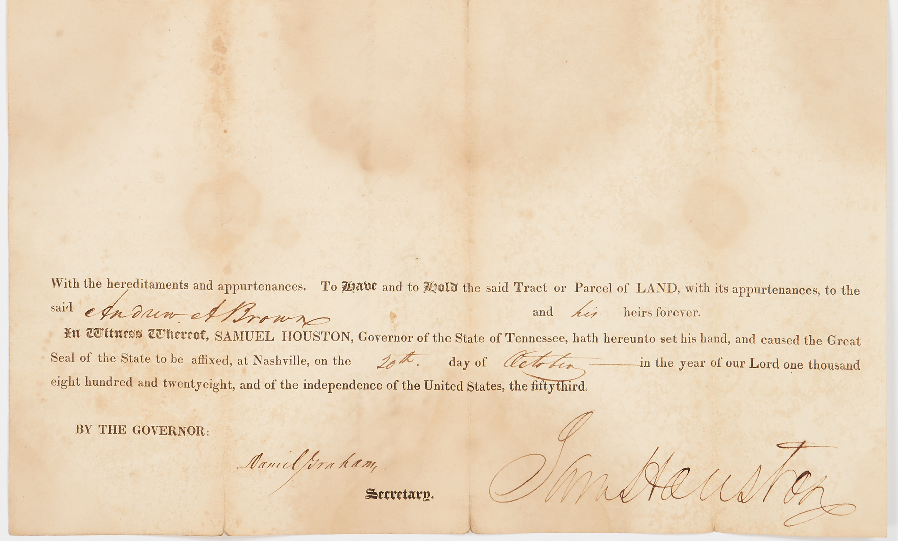 Lot 646: Sam Houston Signed Land Grant, 1827