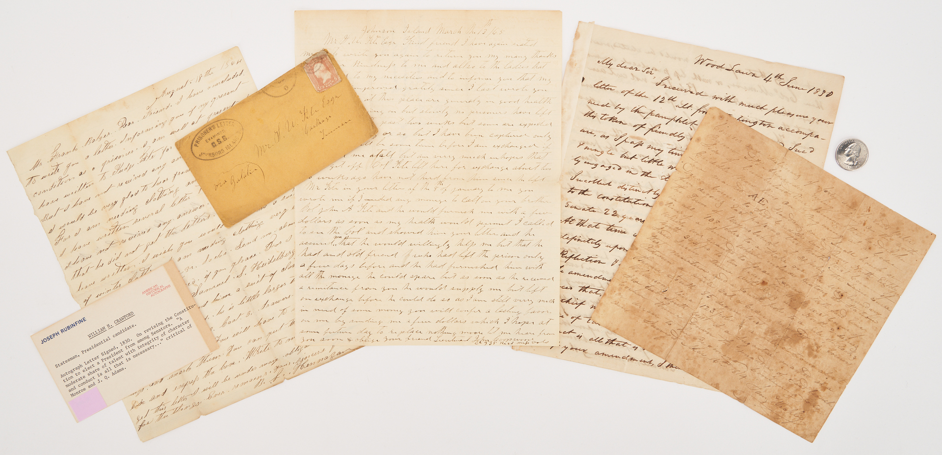 Lot 656: 4 Historical Documents, incl. Johnson’s Island ALS, W.H. Crawford ALS
