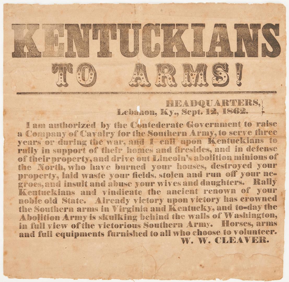 Lot 658: Kentucky Confederate Call to Arms Broadside, 1862