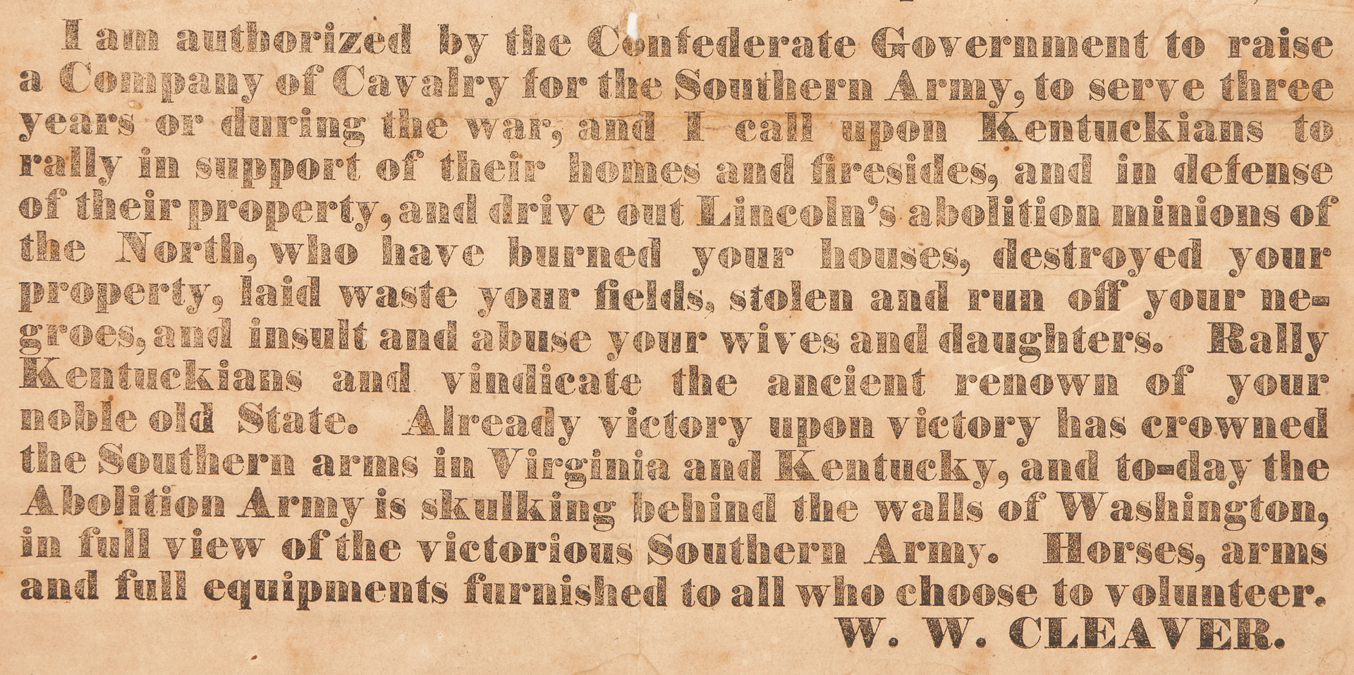 Lot 658: Kentucky Confederate Call to Arms Broadside, 1862