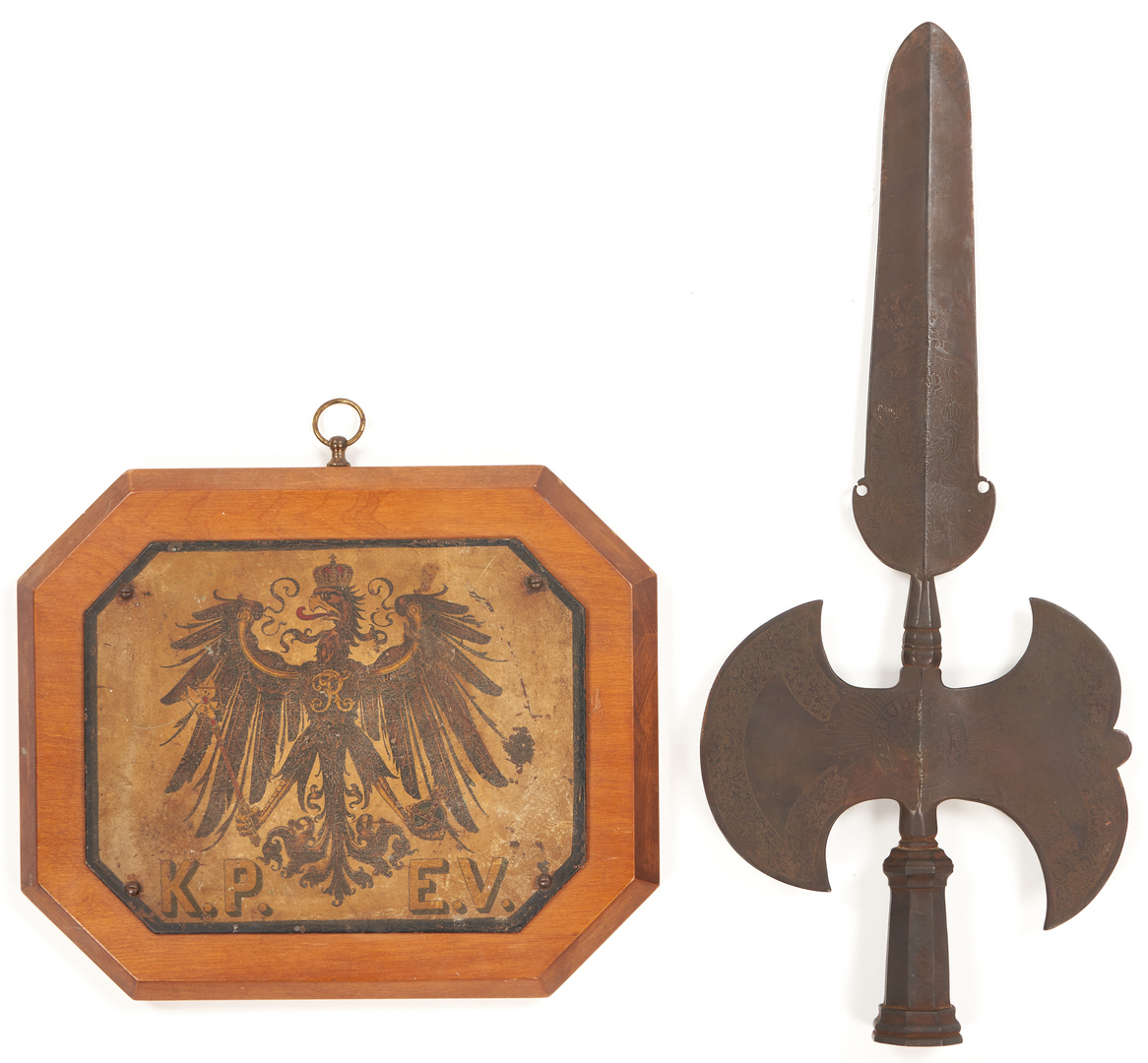 Lot 663: 4 Prussian WWI Items, incl. Halberd or Polearm, KPEV Curtains & Plaque