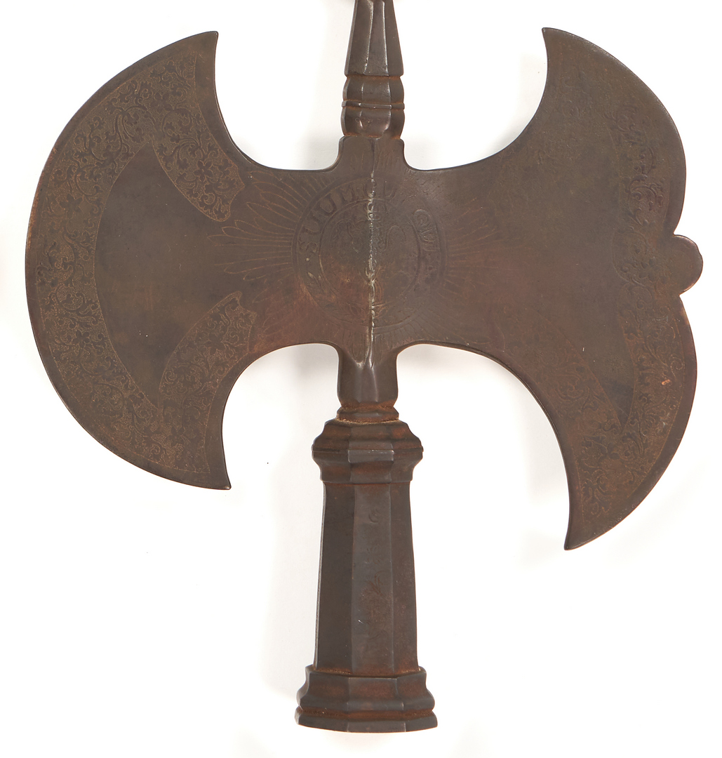 Lot 663: 4 Prussian WWI Items, incl. Halberd or Polearm, KPEV Curtains & Plaque