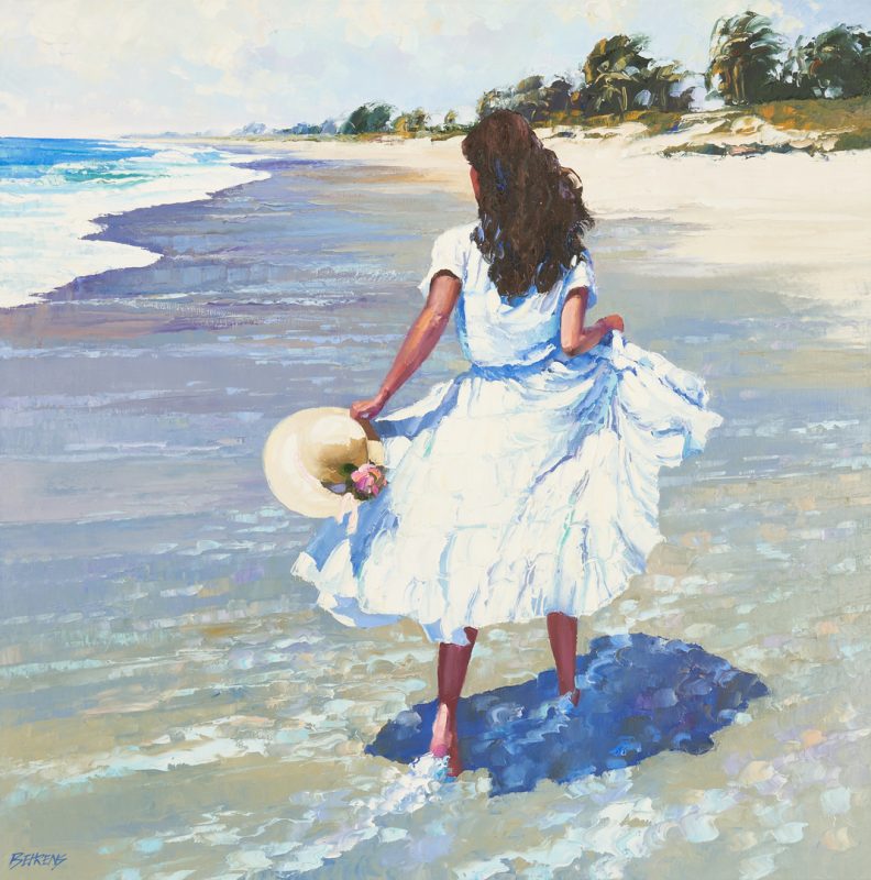 Lot 683: Howard Chesner Behrens O/C Marine Painting, Girl on Beach