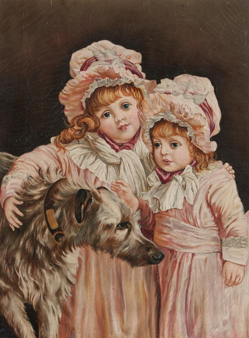 Lot 693: Victorian O/C Portrait of Two Girls & a Dog
