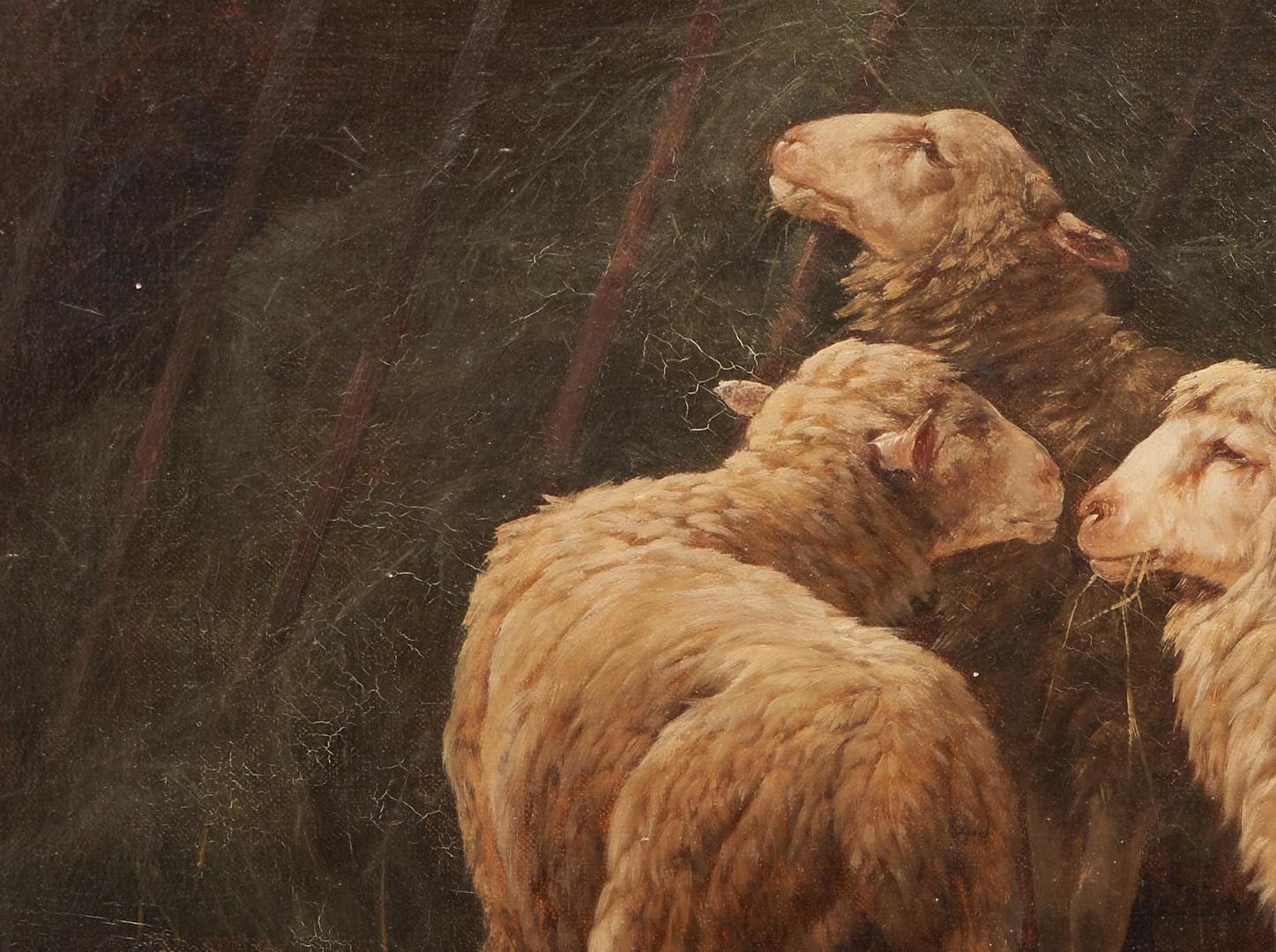 Lot 696: Jules Bathieu (Belgium, 1880-1920) o/c rural genre painting of sheep and chicken