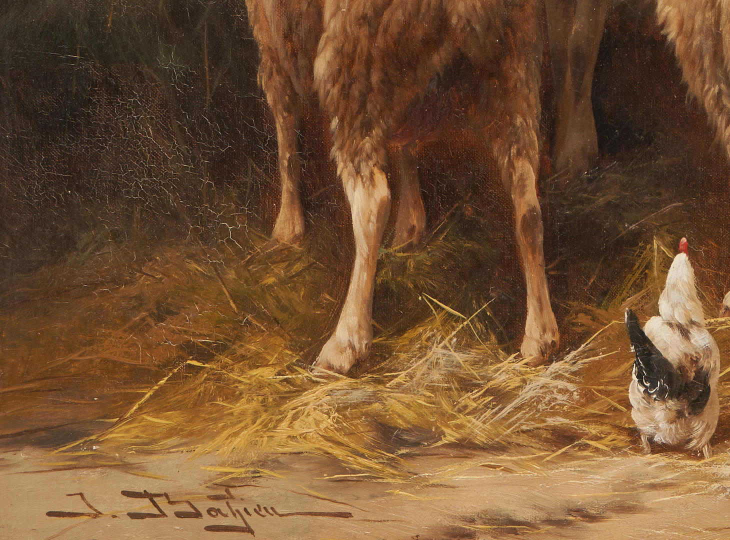 Lot 696: Jules Bathieu (Belgium, 1880-1920) o/c rural genre painting of sheep and chicken