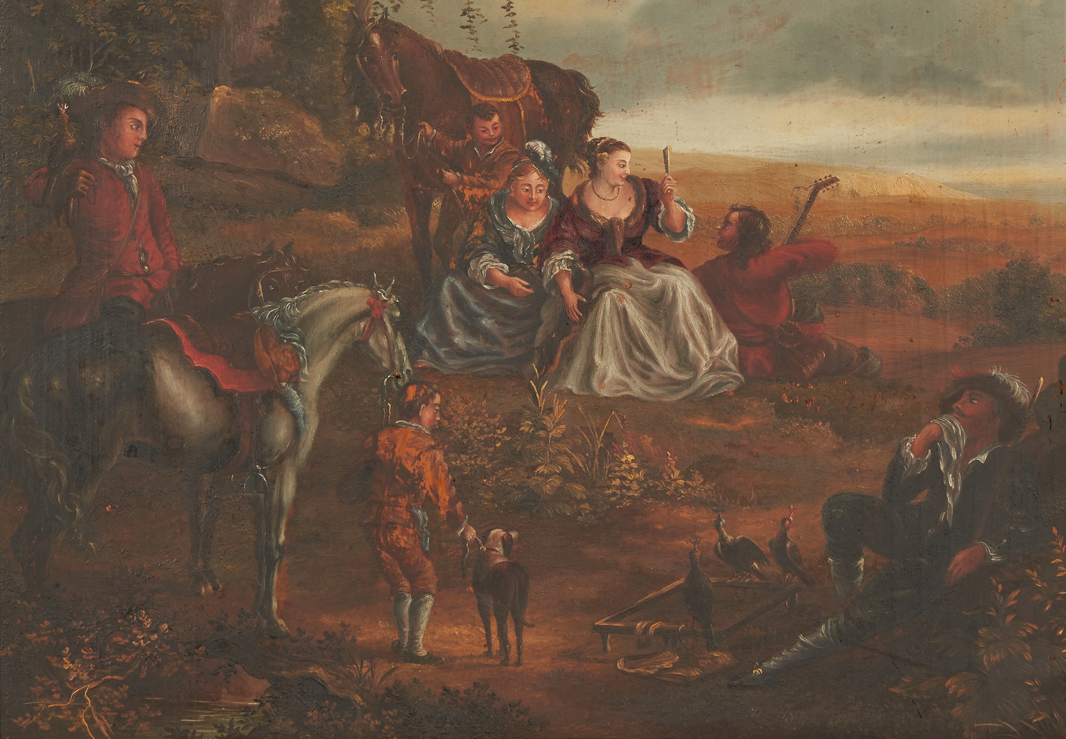 Lot 698: European School O/B Painting, Hunting Party