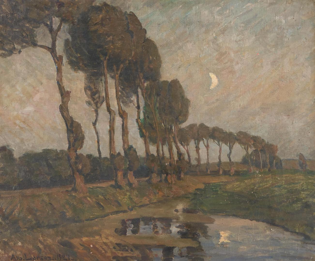 Lot 701: Albert Larsen Oil on Canvas Landscape, Moonlit Pond