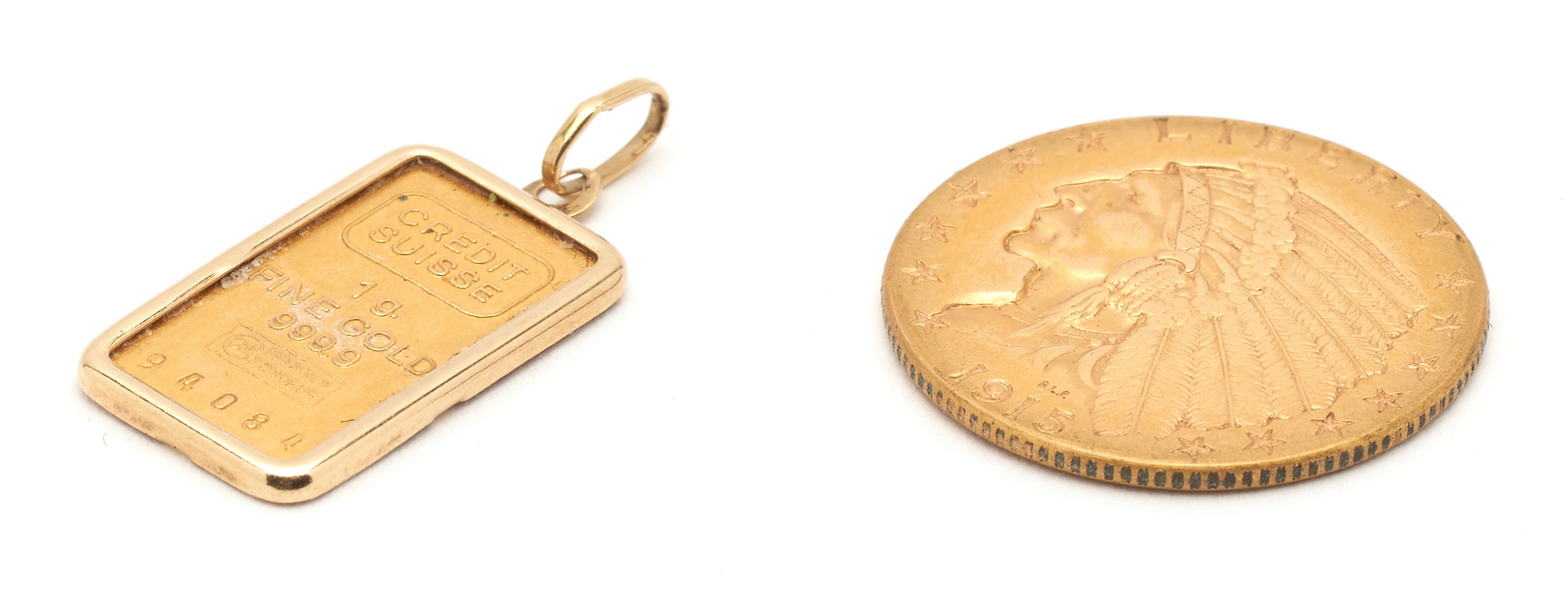 Lot 728: 1915 $2 1/2 Indian Head Coin & 1 Gram Credit Swisse Bar, 2 items