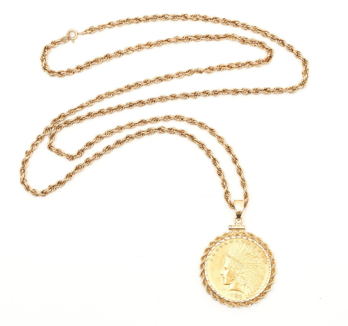Lot 730: $10 Indian Gold Piece with 14K Bezel & Necklace