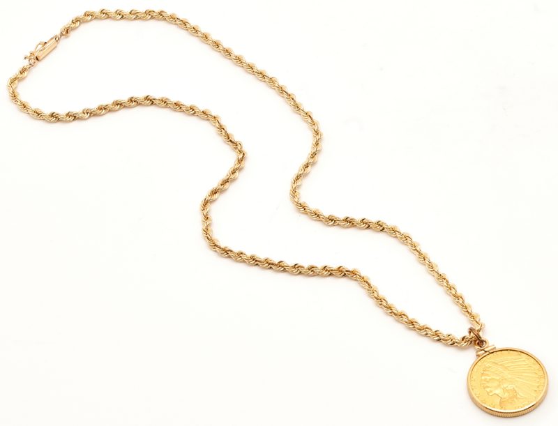 Lot 731: $5 Indian Gold Piece with 14K Bezel & Necklace