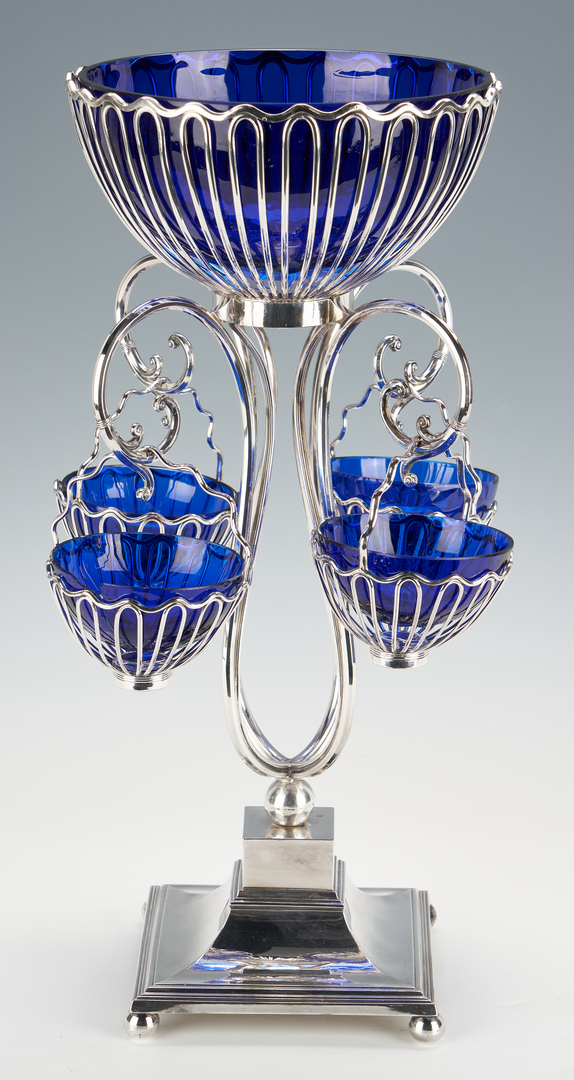 Lot 759: Silver Plated Wirework Epergne w/ Cobalt Glass Baskets