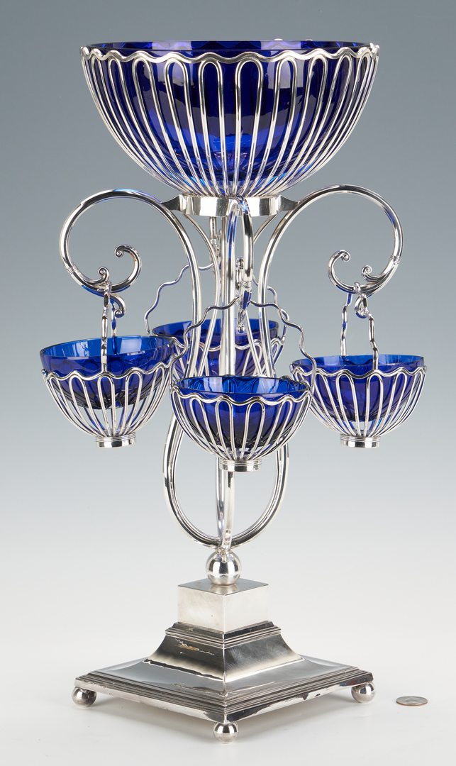 Lot 759: Silver Plated Wirework Epergne w/ Cobalt Glass Baskets