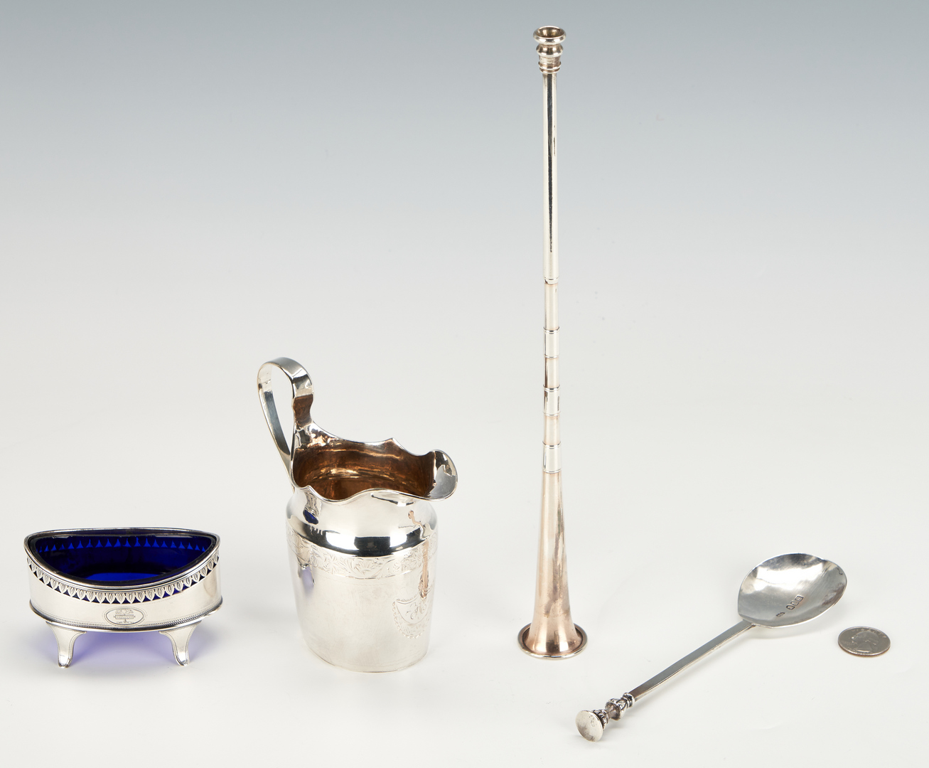 Lot 765: 4 English Sterling Items, incl. Trumpet, Apostle Spoon