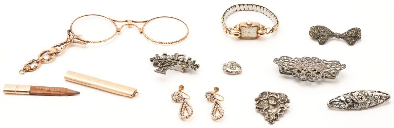 Lot 799: Group of Gold Ladies Items and Silver Pins, 10 items total
