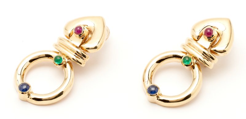 Lot 834: Ladies 14K Ruby, Sapphire, & Emerald Earrings